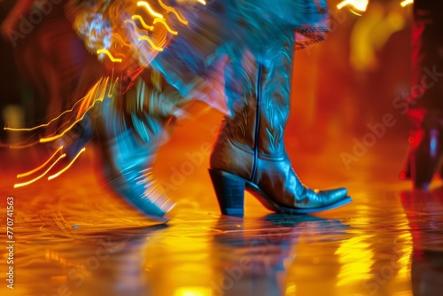 Dynamic dance floor moment with swirling dust and vibrant light trails