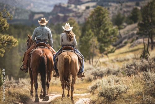 Cowboy and cowgirl riding horses on a scenic trail in the wilderness