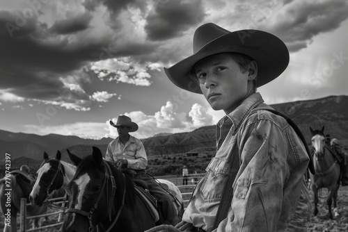 Young cowboys with horses in a western landscape under a dramatic sky