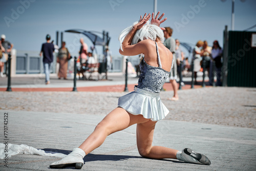 Canvastavla Young sexy girl in space silver micro skirt dancing with smooth, feminine and gr