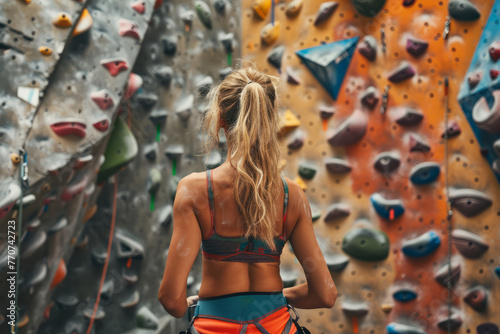 rear view of a female looking at a challenging climbing wall