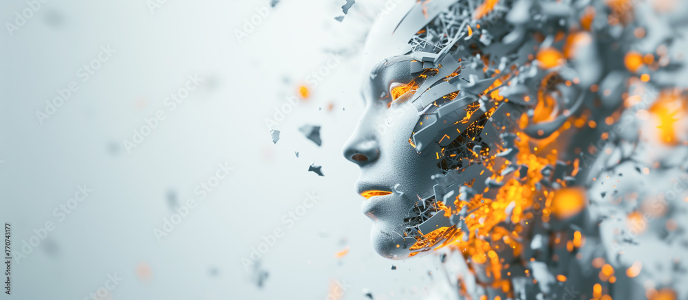background with a futuristic head of a humanlike robot burning from the inside - obrazy, fototapety, plakaty 