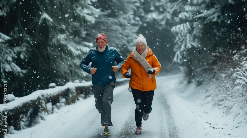 Elderly Lovebirds Embracing Winter's Joyous Run