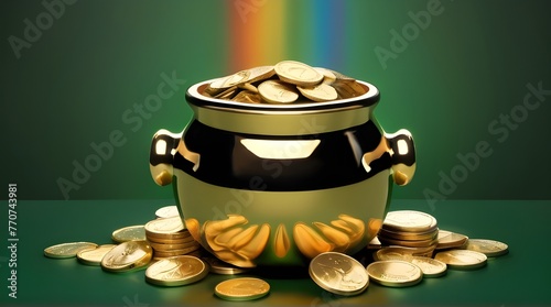 St. Patrick's Day pot of gold, green background, shiny real gold coins, real rainbow in high resolution and quality. Generative AI