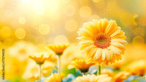 Spring flower composition with close up yellow gerbera on blurred flower garden background with bokeh and sunny light. Springtime. Natural blossoming holiday background. Copy space