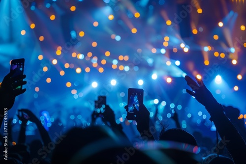 A group of individuals in a crowd holding up their cell phones and taking pictures at an event