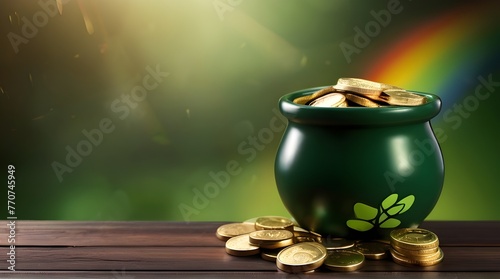 St. Patrick's Day pot of gold, green background, shiny real gold coins, real rainbow in high resolution and quality. Generative AI