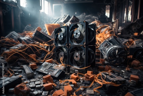 Broken abandoned bitcoin miner device in a crypto mining farm. Photorealistic.