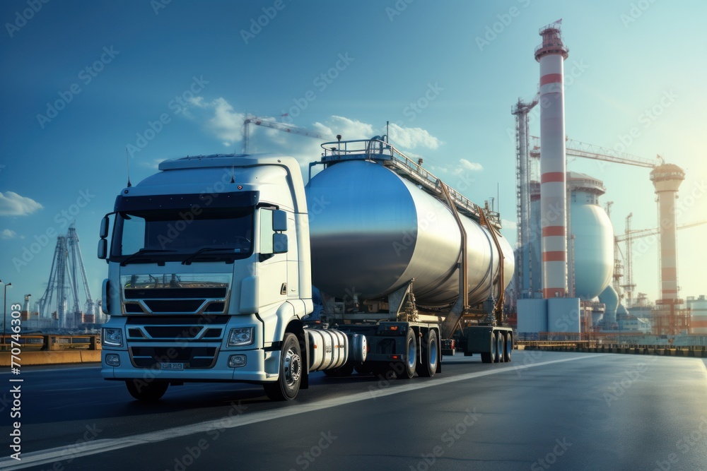 Oil tank truck driving on highway delivering oil with background of refinery factory. - obrazy, fototapety, plakaty 