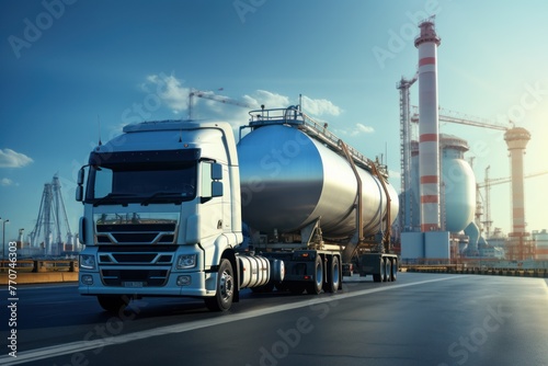 Oil tank truck driving on highway delivering oil with background of refinery factory.