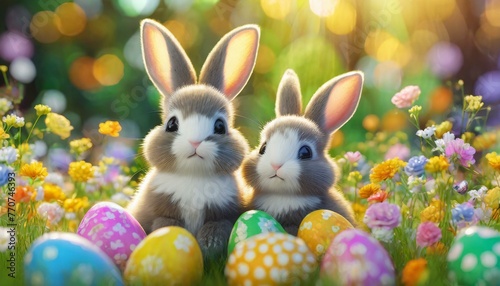 3D rendering baby bunny family  adorable big eyes  on a colorful flower meadow with painted easter eggs