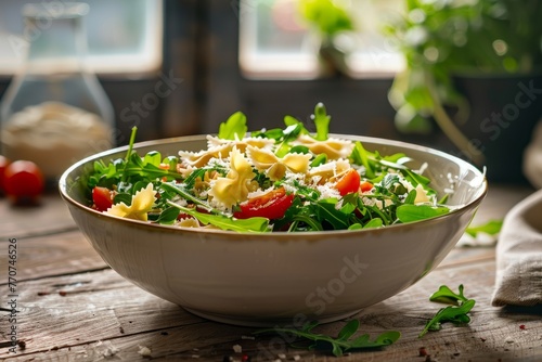 A side angle view of a white bowl filled with fresh salad atop a wooden table