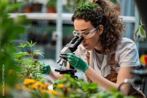 A woman in a laboratory setting is looking through a microscope at plants for detailed examination and analysis