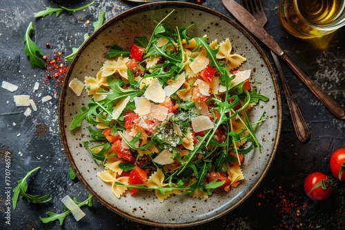 A bowl filled with pasta and vegetables sits atop a table, showcasing a delicious and healthy meal option photo