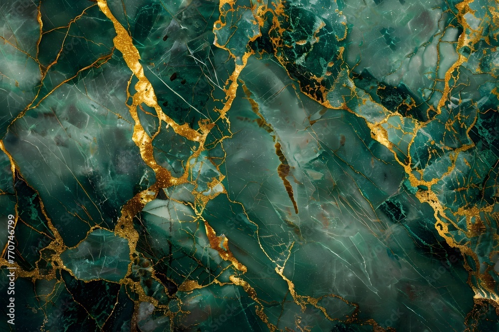 Luxurious emerald green polished marble surface dotted with golden veins, creative abstract background. - obrazy, fototapety, plakaty 