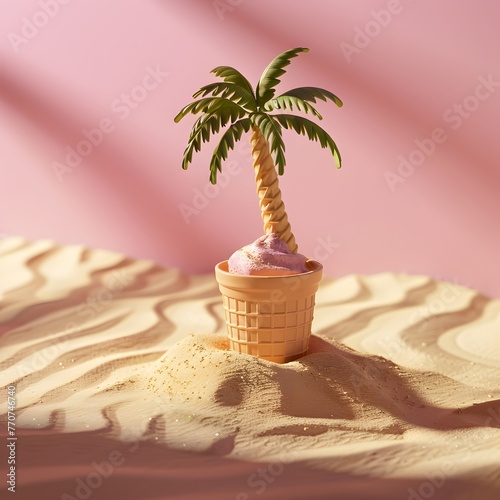 Palm tree in an ice cream cone, sandy background, tropical landscape, summer holiday