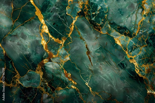 Luxurious emerald green polished marble surface dotted with golden veins  creative abstract background.