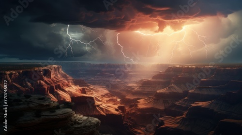 Bright lightning strike in Grand Canyon in a thunderstorm at night.
