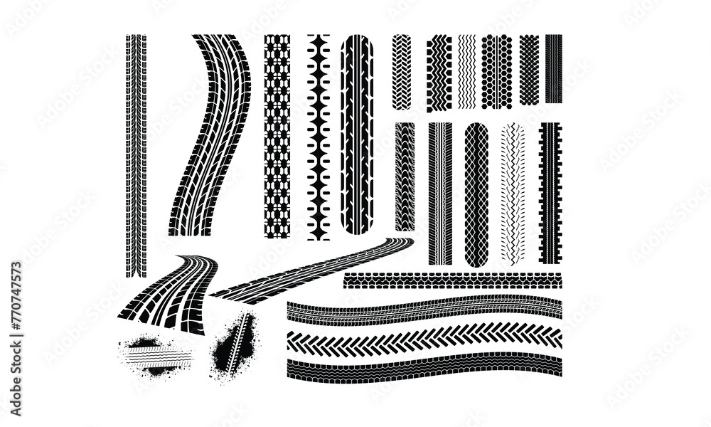 Vector Treads Tire tracks isolated silhouettes set, machinery protectors prints track ...