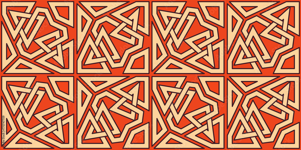 Geometric shape, Islamic seamless pattern, detailed motif inspired by Moroccan mosaics and arabesque art, a modern and unique Islamic ornament, triangle background, orange and beige color