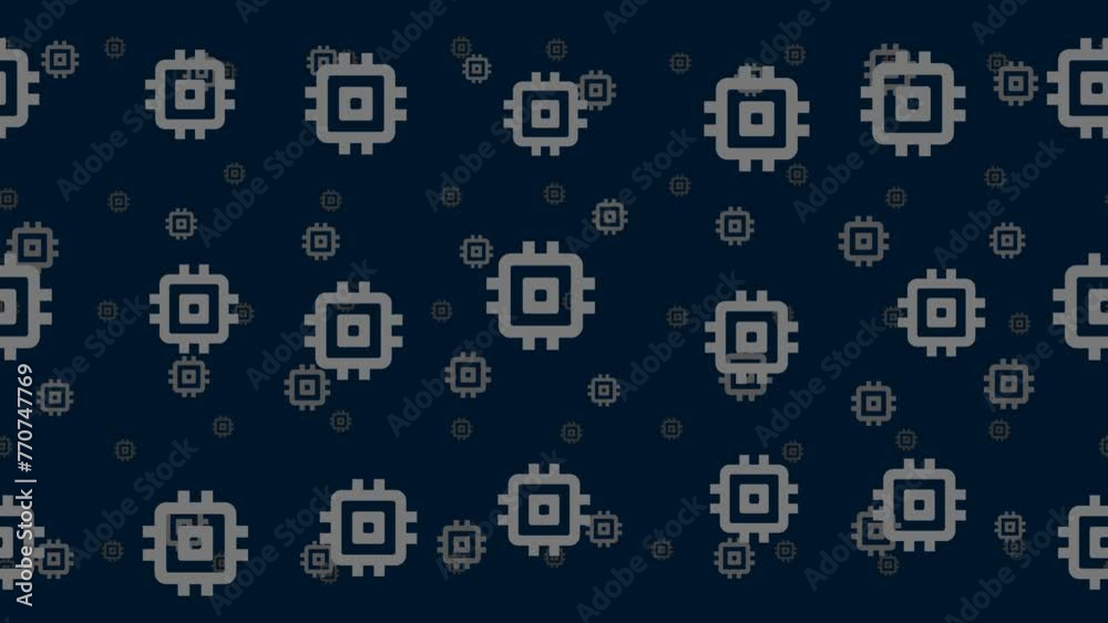 Chip symbols float horizontally from left to right. Parallax fly effect. Floating symbols are located randomly. Seamless looped 4k animation on dark blue background