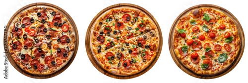 Collection of circle pizza on wood pan top view transparent background