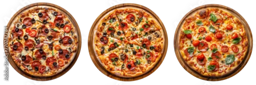 Obraz  z motywem Collection of circle pizza on wood pan top view transparent background
