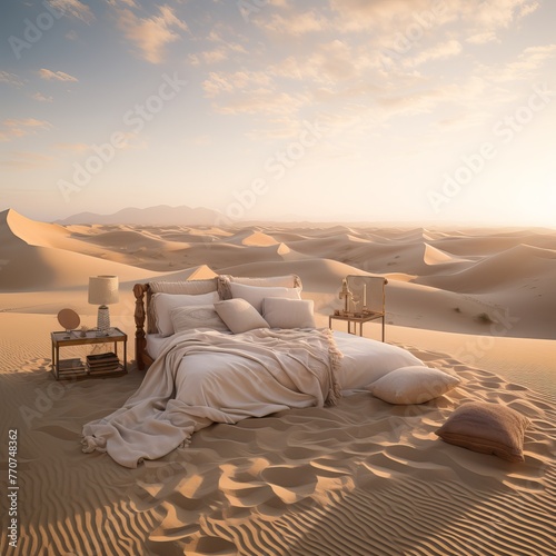 illustration of a bed covered in a dunes in the desert in the style  Generative ai