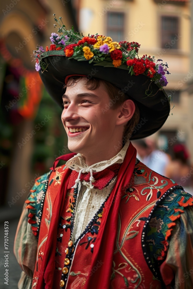 A handsome young man in traditional Czech clothing in street with historic buildings in the city of Prague, Czech Republic in Europe.