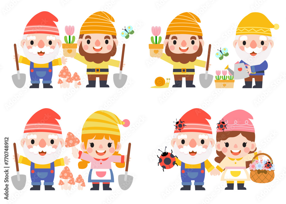 Garden Gnome and Woman cartoon, Gardening and Spring, Garden tools and decor collection