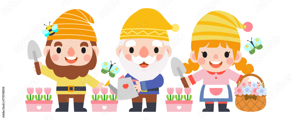 Garden Gnome and Woman cartoon, Gardening and Spring, Garden tools and decor collection