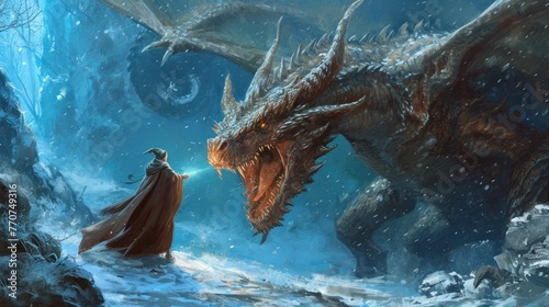 A wizard fight a powerful dragon.