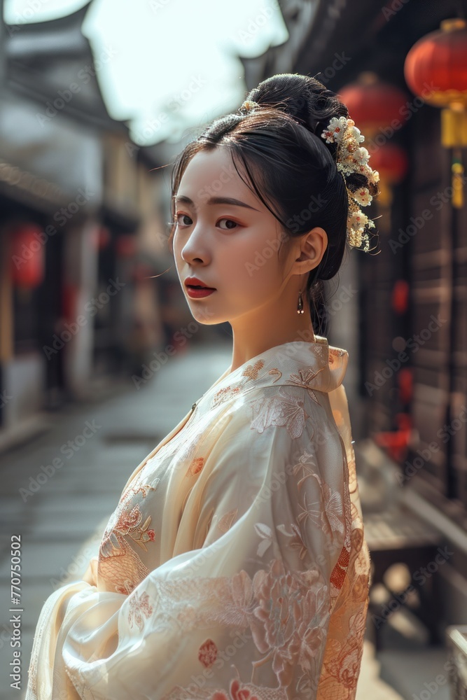 Naklejka premium Beautiful lady dressed in traditional Hanfu clothing during Chinese lunar new year.