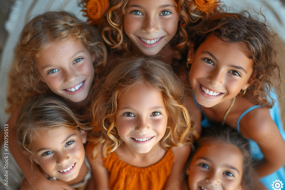 Obraz premium Group of happy children smiling, embracing and looking at camera. Copy space