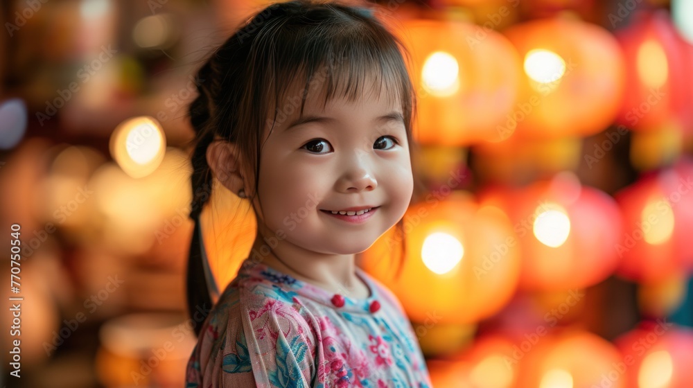 A little girl in traditional clothing in lantern festival in street to celebrate Chinese lunar new year. A little girl in traditional clothing in lantern festival in street to celebrate Chinese lunar new year.