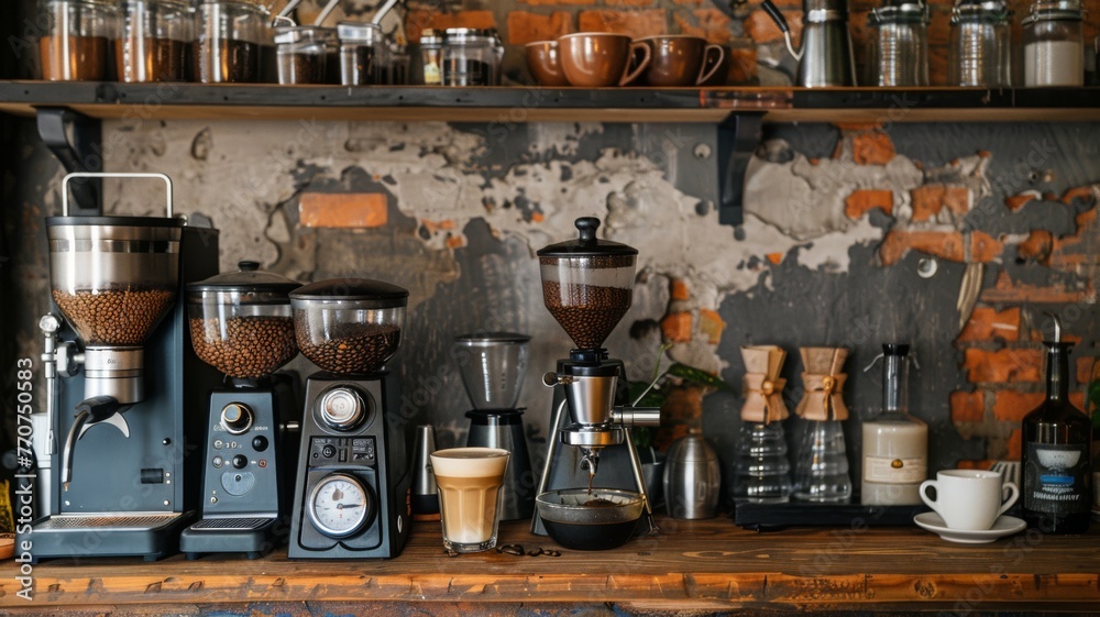 Barista's coffee grinder and latte art tools, morning ritual