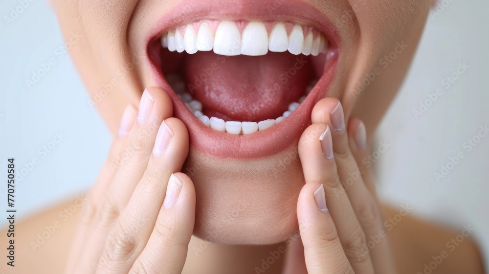 Obraz premium Woman Holding Hands to Mouth