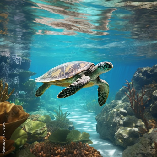 illustration of a turtle is swimming under a clear body of water, Generative ai