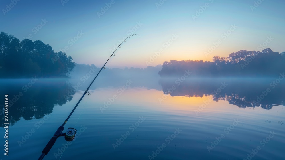 Fishing rod by lake, calm fishing daybreak, mist rising Fishing rod by lake, calm fishing daybreak, mist rising