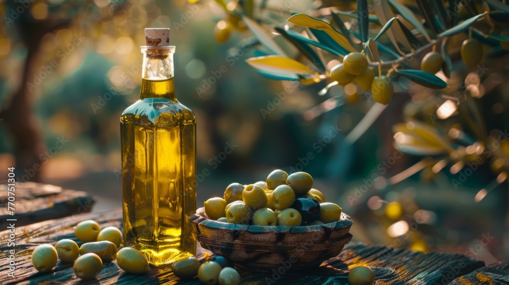 Freshly picked olives next to a bottle of extra virgin olive oil, Mediterranean essence Freshly picked olives next to a bottle of extra virgin olive oil, Mediterranean essence