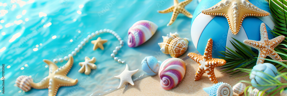 Tropical Shoreline: A Beach Scene Adorned with Shells and Starfish, Inviting Exploration and Discovery