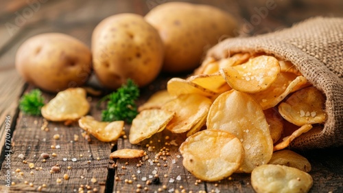 Potatoes next to a bag of chips, from soil to snack