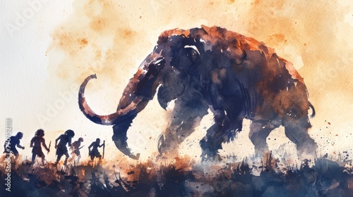 Hunting scene of a team of primitive cavemen attacking a giant mammoth in wild field.
