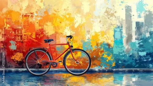 A bicycle against a vibrant city backdrop, urban adventure,