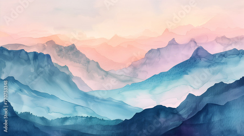 Watercolor illustration of a gentle sunrise in the mountains