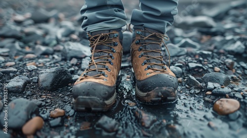 A pair of hiking boots on rocky terrain, the journey ahead,