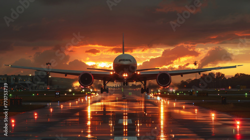 Un grande aereo di linea che decolla dalla pista di un aeroporto al tramonto  con il carrello d'atterraggio abbassato ,  aereo in fase di decollo  atterraggio photo