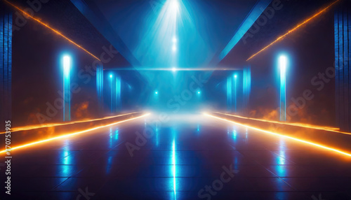 Futuristic corridor with blue and orange neon lights background © Creatus