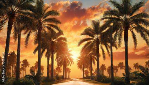 Road with palm trees against susnet sky