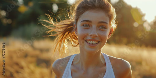 giovane donna che corre nella natura, jogging , primo pian di ragazza felice che corre con una tuta leggera e canotta, spazio per testo photo